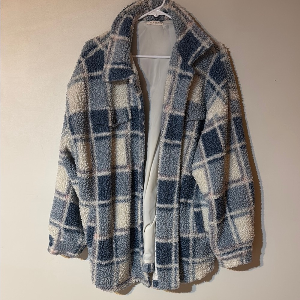Plaid Sherpa Jacket in Blue and Cream